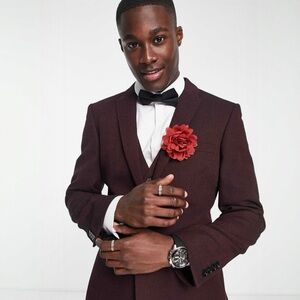 ASOS DESIGN Men’s Skinny Wool Mix Suit Jacket in Burgundy Basketweave (NWT)
